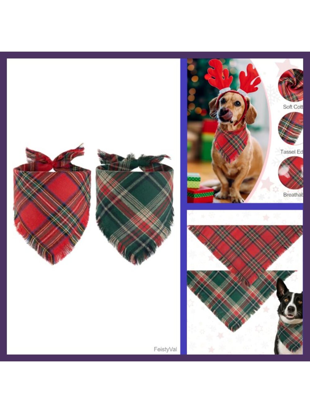 Plaid Dog Bandana Set Tassel Edge Cotton Christmas Scarf